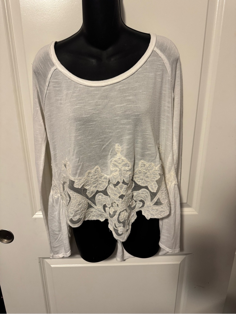 FREE PEOPLE White Sheer Long Sleeve Top with Floral Embroidered Hem